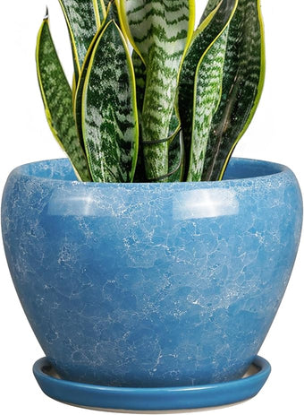 Ceramic Planter - 8 Inch Plant Pot with Drainage Hole and Saucer, Glaze Round Flower Pot for Home Garden Patio Office, Blue