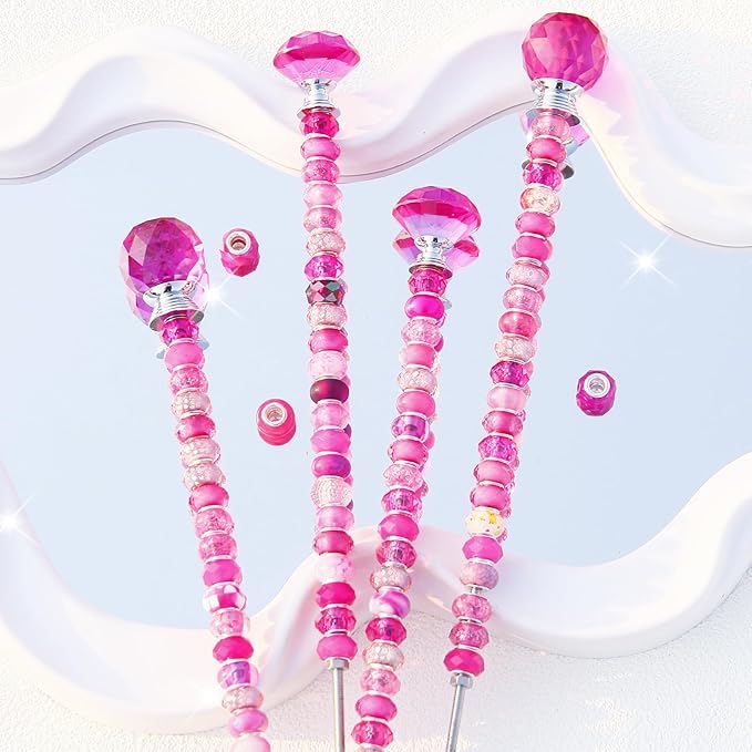 119 Pcs Garden Stake Diy Fairy Wand Plant Stake with Rose Red Large Hole Beads Crystal Diamond Stopper Top 4 Stainless Steel Threaded Rod Beaded Garden Stakes For Outdoor Indoor Yard Patio Decorations