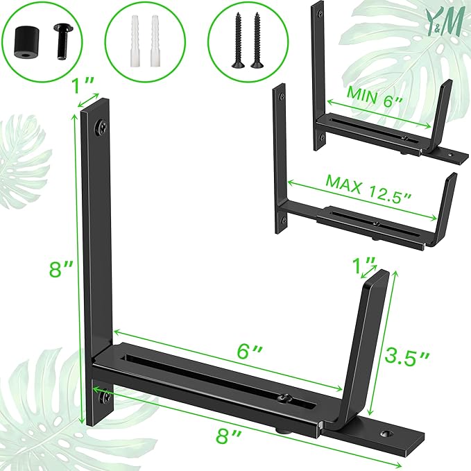 Y&M 6 PCS Adjustable Window Box Brackets for Planter Box, Heavy Duty Wall Mounted Hooks Hangers for Flower Baskets Holder Durable Brackets for Fence Patio Garden Balcony