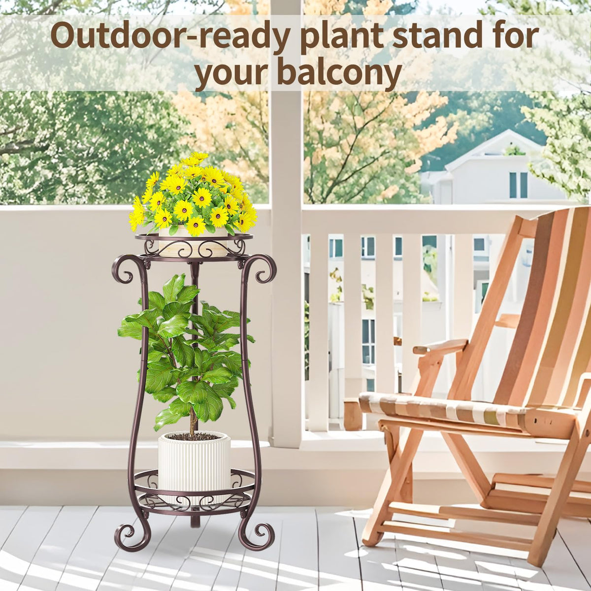 LASZOLA Metal Corner Plant Flower Stand Tall Indoor Outdoor, 2 Tiers Bronze