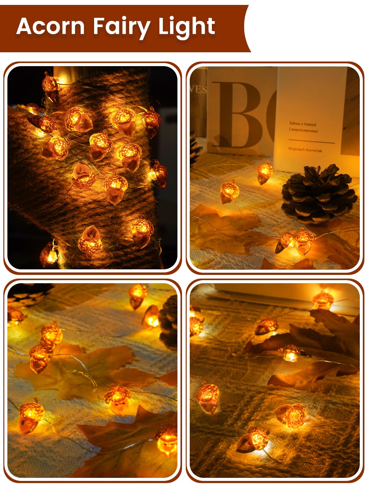 2 Pack 30 LED Acorn Fall Decorations, String Lights Battery Operated Remote