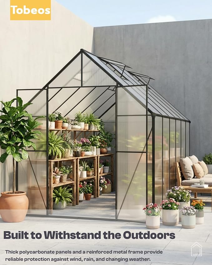 6×12 FT Walk-in Greenhouse Polycarbonate Greenhouse for Outdoors, Heavy Duty Backyard Garden Greenhouse with Aluminum Frame, Clear Panels, Adjustable Roof Vent, Rain Gutter System, Patio
