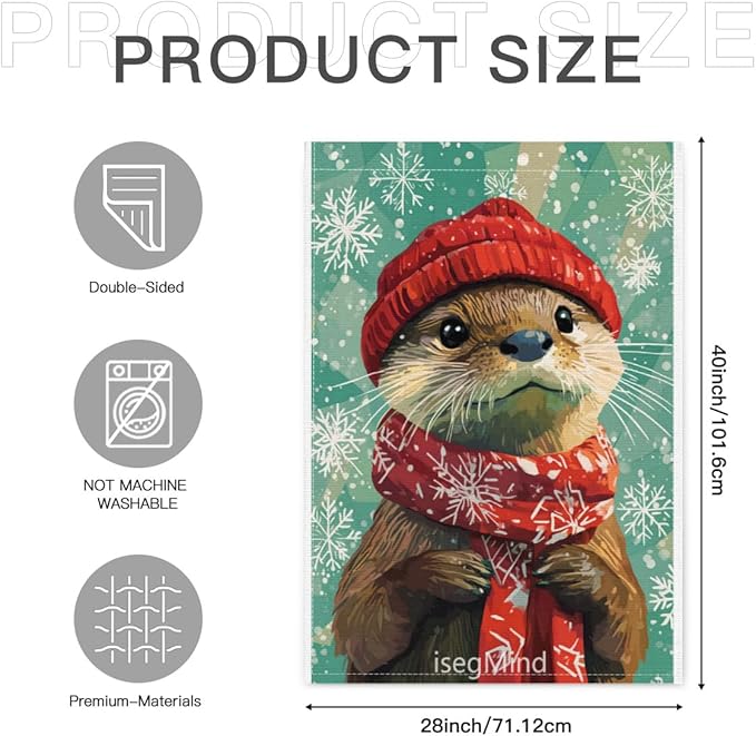 Otter with Red Scarf and Hat Snowflake Christmas Garden Flag, 28x40 Inch Double Sided Linen Holiday Red Winter Farmhouse Yard Outdoor Decoration (4329)