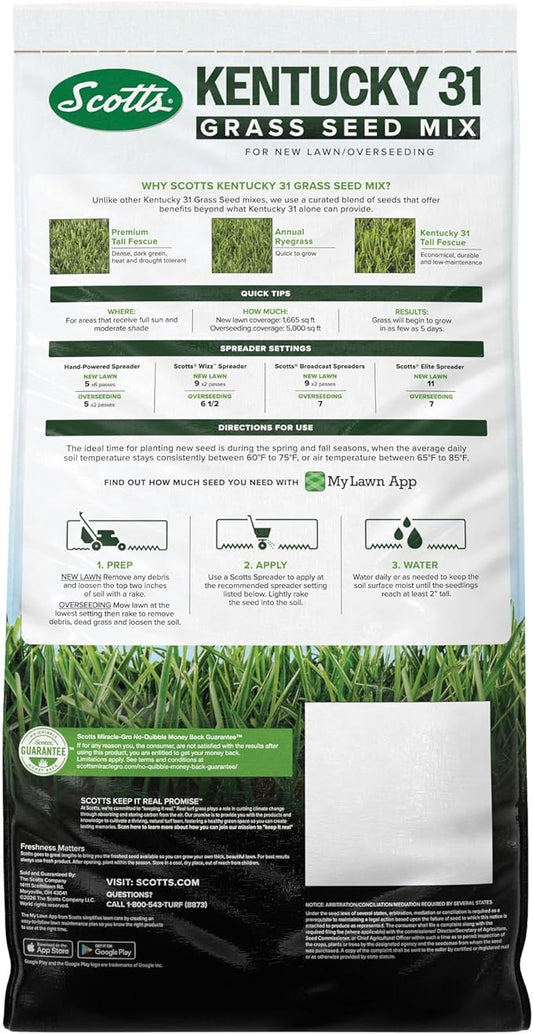 Scotts Kentucky 31 Grass Seed Mix for New Lawns or Overseeding, Grows Thicker and Greener vs. Other Kentucky 31 Mixes, Covers up to 5,000 sq. ft.
