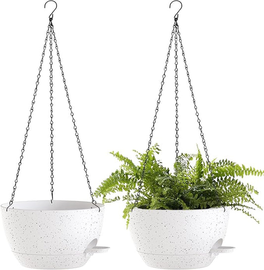 SQKH 12 Inch Hanging Baskets 2 PC with Chains, Self-Watering Hanging Planters for Indoor Outdoor Plants, Plastic Hanging Flower Pots,Speckled White