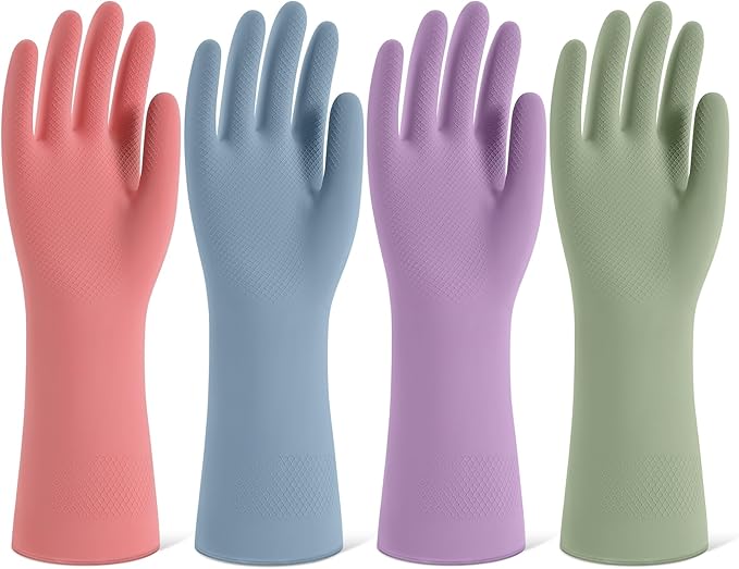 Rubber Cleaning Gloves for Dishwashing, 4 Pairs Reusable Kitchen Gloves for Washing Dishes and Household Cleaning, Colorful Dish Gloves with Flocked Lining and Non-Slip Grip, Pefect for Woman Men - L
