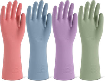 Rubber Cleaning Gloves for Dishwashing, 4 Pairs Reusable Kitchen Gloves for Washing Dishes and Household Cleaning, Colorful Dish Gloves with Flocked Lining and Non-Slip Grip, Pefect for Woman Men - L