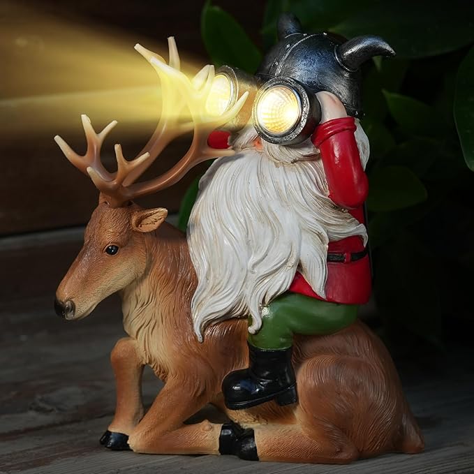 Garden Gnome Statues Resin Gnome Sitting On Deer Statues Solar Lights Outdoor Telescope Gnome Gifts for Yard, Patio Decor Gift (Deer Gnome)