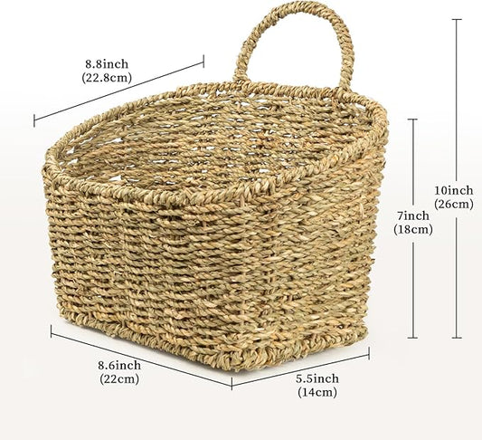 Hanging Wall Basket Handwoven Wicker Basket for Plants, Flowers & Storage, Rustic Farmhouse Wall Decor Organizer, Natural Seagrass
