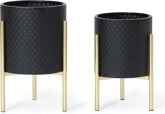 LuxenHome 2-Piece Diamond Pattern Round Metal Cachepot Planter Set, Black Planter with Gold Stands Set of 2 Indoor Plant Pots Large Floor Plant Pot for Plants, NOT Waterproof