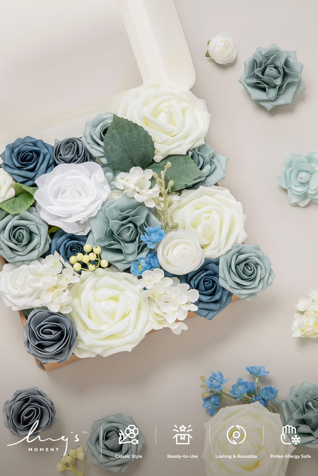 Ling's moment Fake Flowers Box, Dusty Blue & Ivory Grand Combo