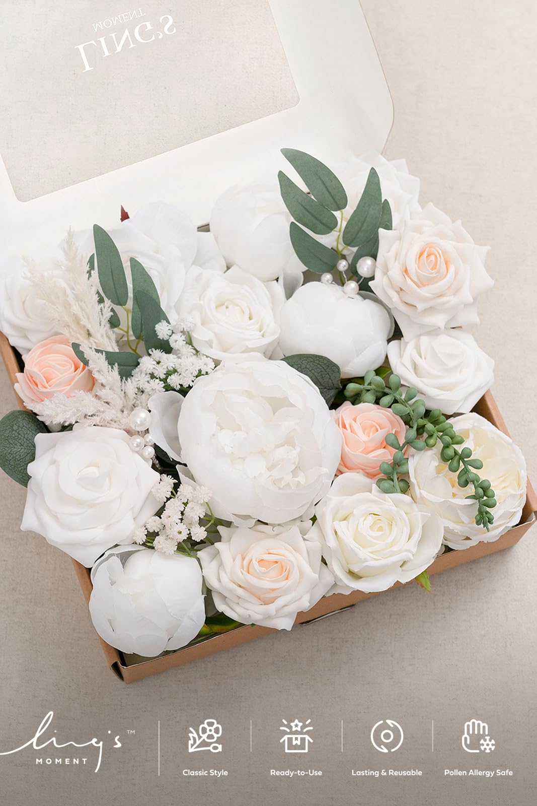Ling's moment Fake Flowers Box, White & Blush Grand Combo