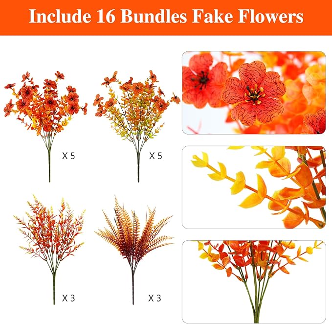 16PCS Artificial Fall Flowers for Outdoors, Realistic Faux Silk Flowers with Eucalyptus & Ferns, Fake Plants for Outside Planter, Patio, Porch, Garden Decor(Mixed)