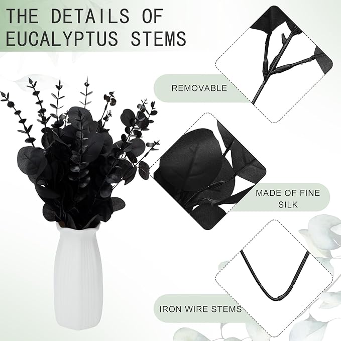 Giegxin 180 Pcs 3 Kinds Mixed Eucalyptus Leaves Stems Bulk Artificial Silver Dollar Leaves Picks Dried Eucalyptus Bundle Faux Spray for Wedding Vase Bouquet Floral Arrangement (Black)