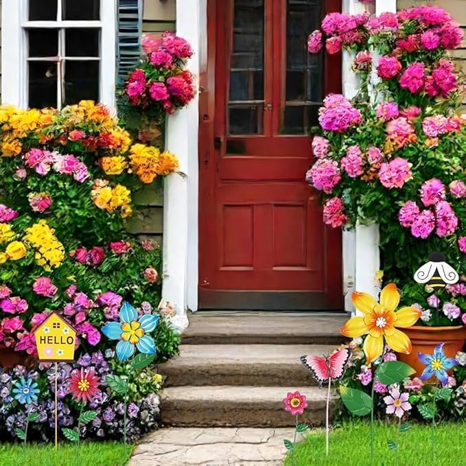 hogardeck Garden Decor for Outside, Set of 10 Metal Flowers Decorative Garden Stakes for Spring Decor, Gardening Gifts for Women Mom Grandma Wife, Yard Art Outdoor Lawn Porch Pathway Decorations