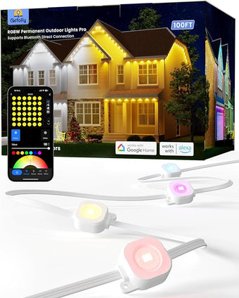 Gefolly Permanent Outdoor Lights Pro, 100ft with 60 RGBW Double-LED Lights 111 Scene Modes for Daily, Halloween, Christmas, IP67 Waterproof for Outdoor Decor, Works with Alexa, Google Assistant, White