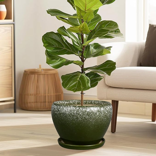 10 Inch Planter Pot - Ceramic Pots for Plants with Drainage Hole and Saucer, Round Large Flower Pot for Indoor Plants, Dark Green