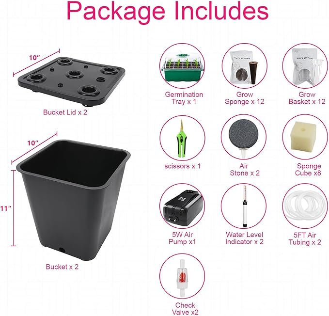 DWC 2 Hydroponic Buckets Kit for Plants, Hydroponics Growing System for Herbs/Tomato/Vegetables, DWC System with Air Pump & Germination Tray (Complete Indoor Hydroponic Gardening Supplies) (Black)