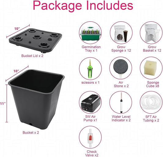 DWC 2 Hydroponic Buckets Kit for Plants, Hydroponics Growing System for Herbs/Tomato/Vegetables, DWC System with Air Pump & Germination Tray (Complete Indoor Hydroponic Gardening Supplies) (Black)
