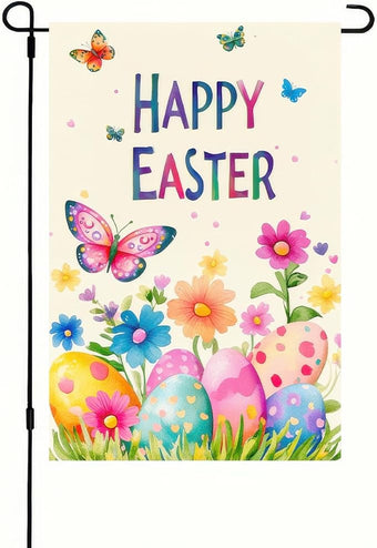 Happy Easter Garden Flags Easter Egg Butterfly Yard Flag 12x18 Inch Double Sided Outside Flowers Easter Eggs Yard Outdoor Decoration Seasonal Spring Decor Farmhouse Holiday
