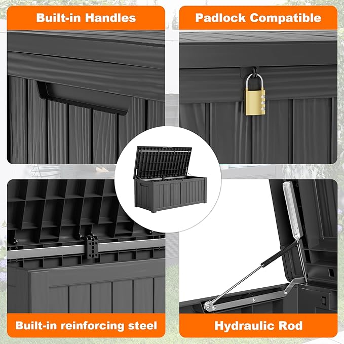 120 Gallon Resin Deck Box, Lockable Patio Outdoor Storage Box for Furniture, Garden Tools and Tools Storage, Waterproof Outside Storage Boxes - Black