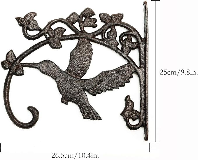 Sungmor Cast Iron Plant Hanger Wall Hooks, Heavy Duty Hanging Basket Brackets, Hummingbird Shape & 10.4 inch & 2PC Brown, Decorative Wall Hangers for Planters Lanterns Bird Feeders Houses Wind Chimes