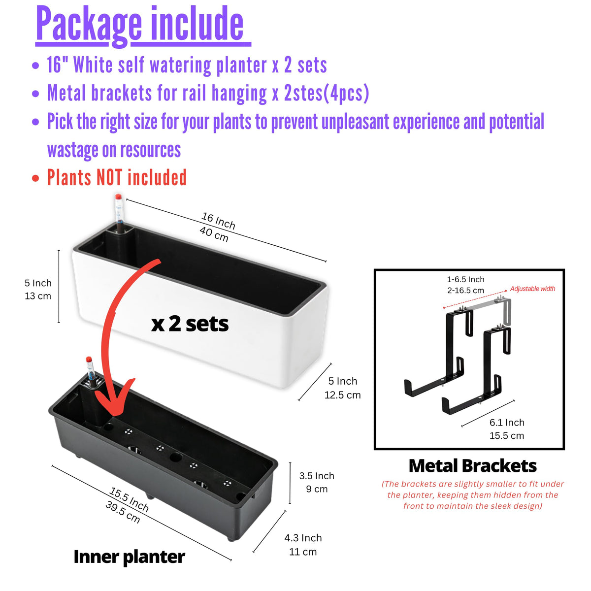 LaLaGreen Balcony Flower Boxes Over the Rail (16 Inch, 2 Pack) White Rectangular Self-Watering Railing Planters with Metal Brackets, Plastic Window Box for Outdoor Plants Herbs Deck Fence Garden