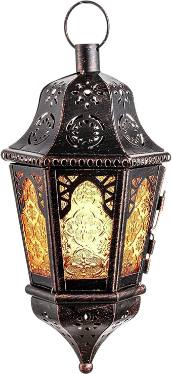 NEEDOMO Hanging Moroccan Lantern, 13.5'' Vintage Metal Candle Holder with 14.8" Chain, Ramadan Lanterns Decorative Indoor Outdoor for Home, Table, Patio, Porch, Christmas,Halloween, Spring (Amber)