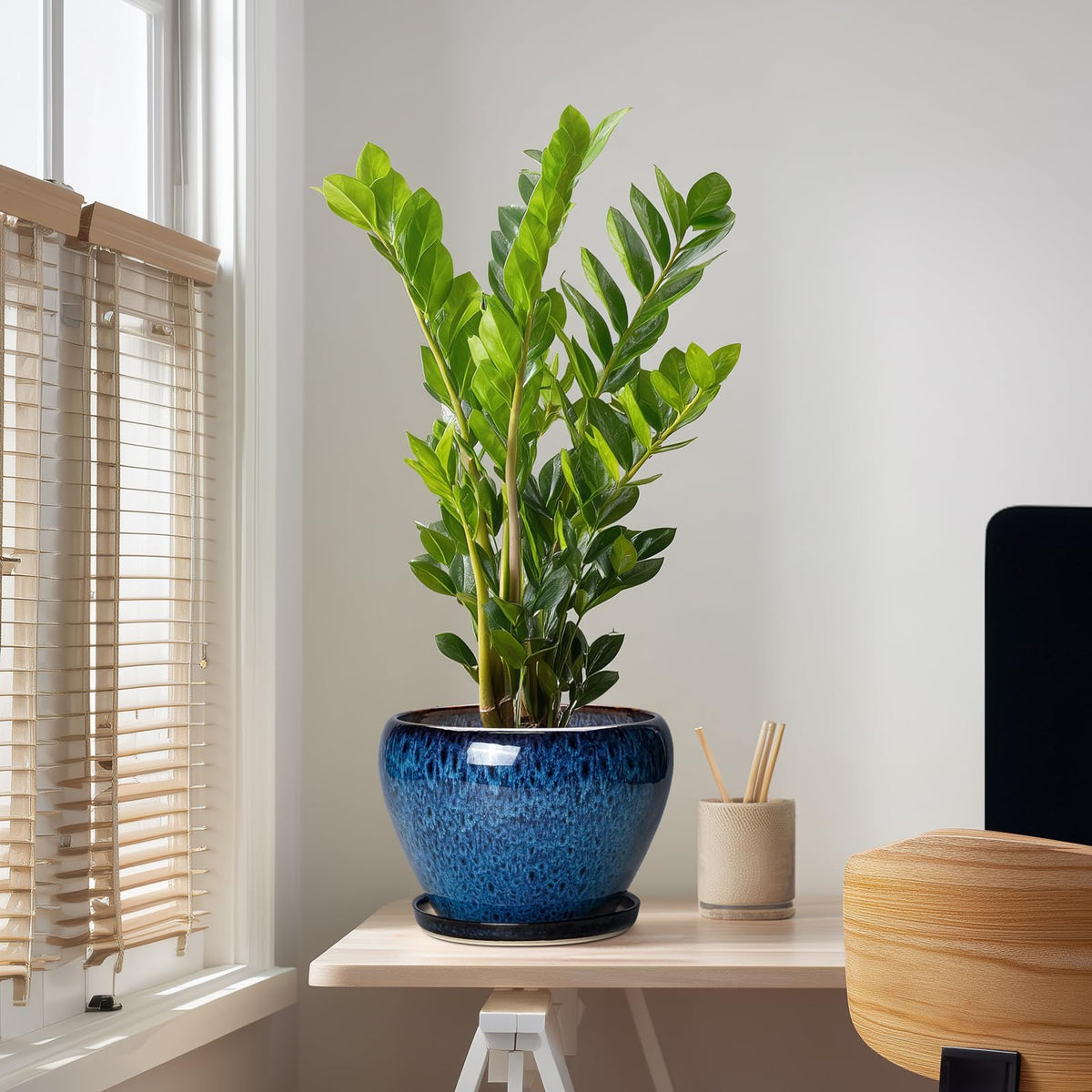 Thirtypot 10 Inch Plant Pot, Ceramic Planter with Drainage and Saucer, Blue