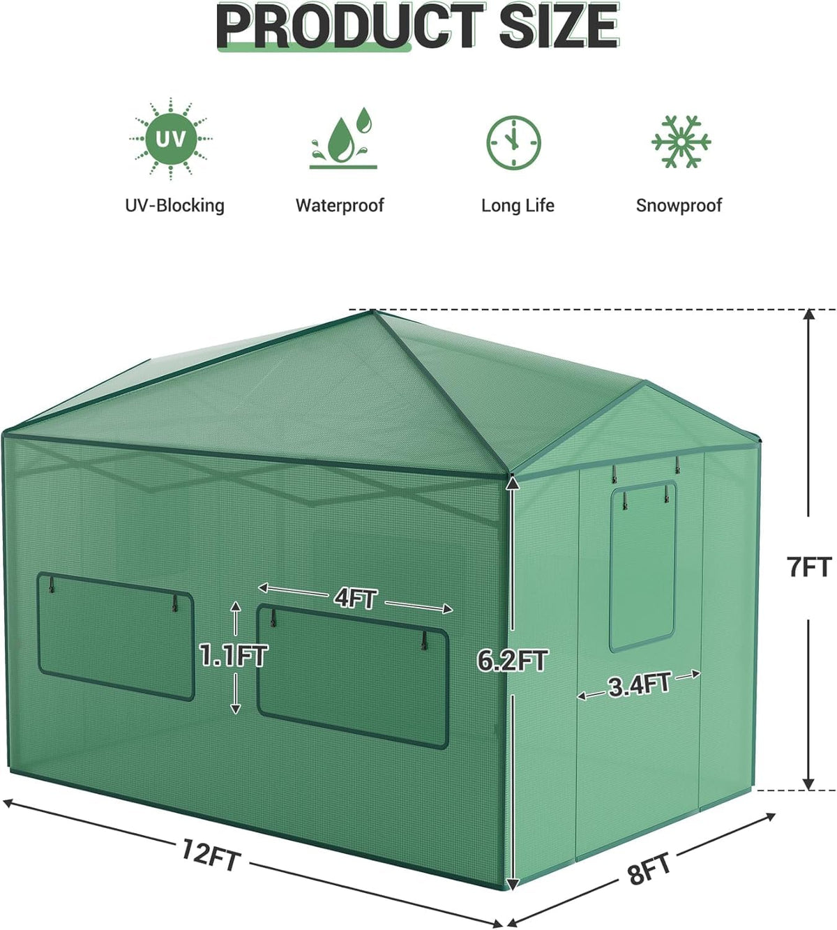 8x12FT Instant Pop-Up Walk-in Greenhouse, Plant Hot House with Galvanized Steel Frame, Green PE Cover, Roll-Up Zipper Door, Portable Large Plant Tent with Ground Pegs & Ropes for Stability