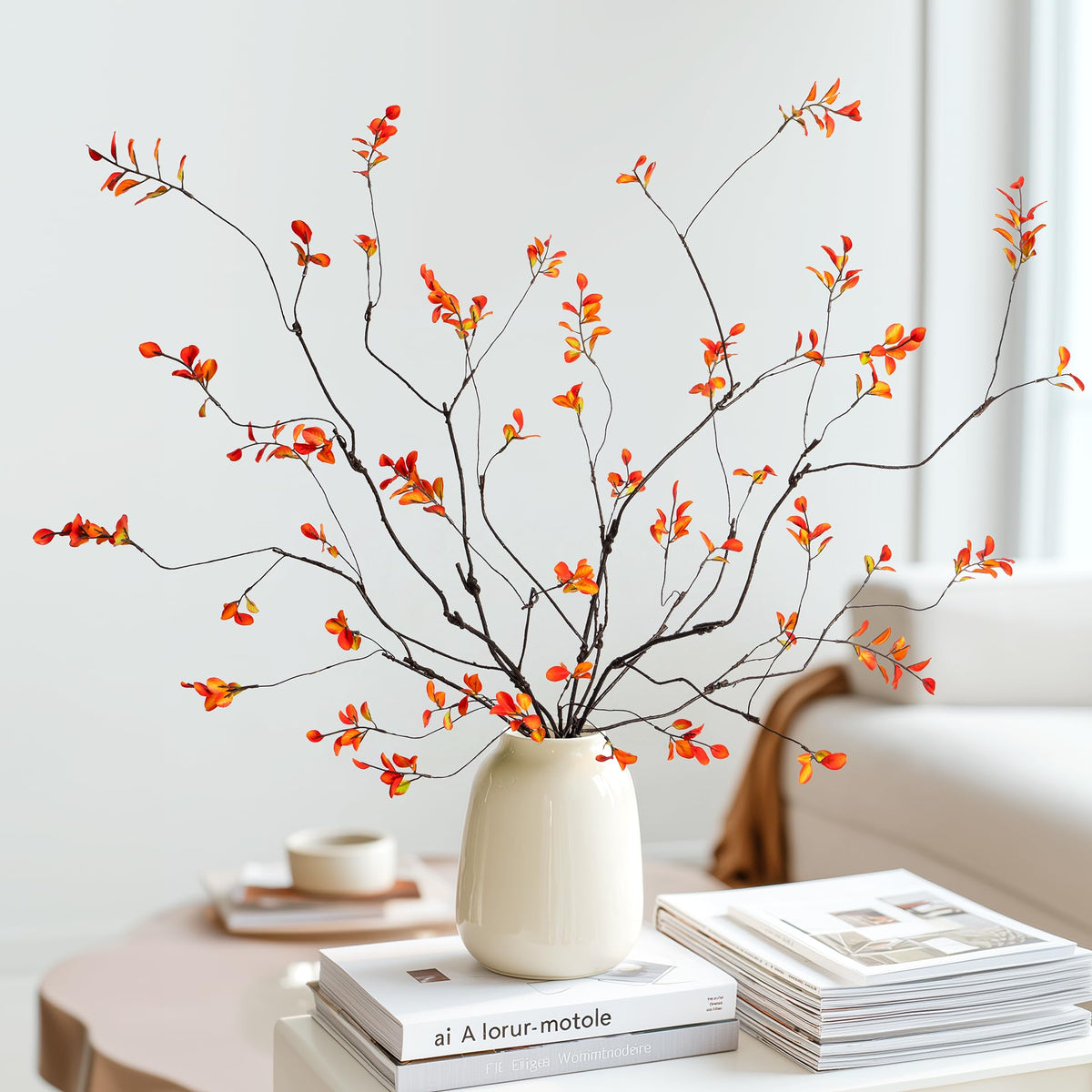 Ttranewsoo 4 Pcs Tall Fall Branches for Floor Vase, 47.2 Inch Artificial Ficus Branches, Faux Eucalyptus Stems and Fall Greenery Stems for Autumn Home Decor, Orange, Vase Not Included