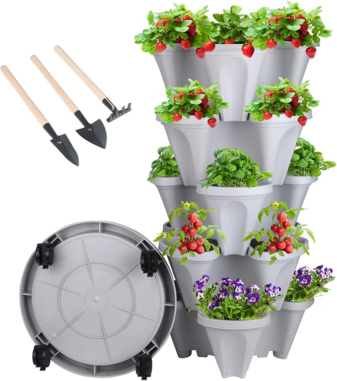 DUNCHATY Stackable Planter, Vertical Garden Planter with Wheels and Garden Tools, Strawberry Planter Indoor/Outdoor 5 Tier Herb Planter Pots for Growing Vegetables and Succulents,Gray