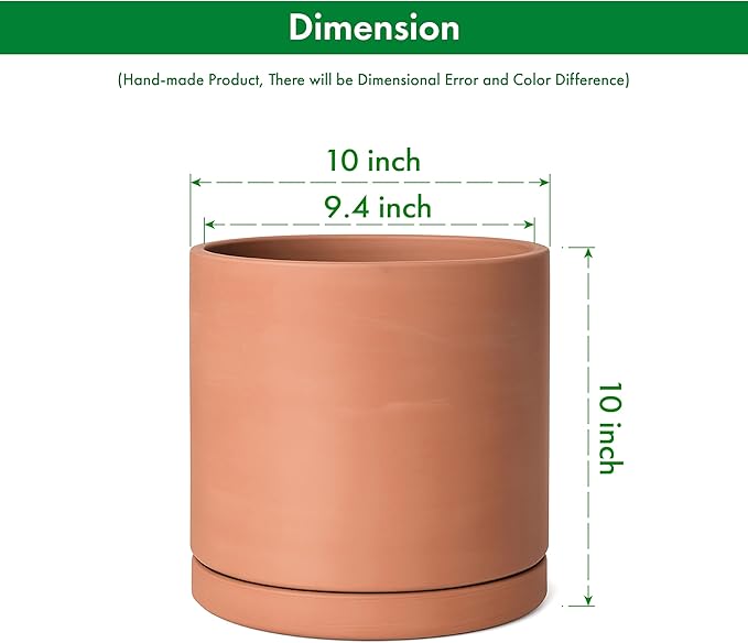 D'vine Dev Large 10 Inch Terracotta Plant Pot with Drainage Hole and Saucer, Round Cylinder Planter Pot for Indoor Plants, Set of 2, 40-X-B-5