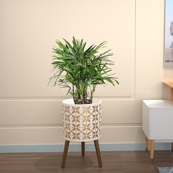 10 Inch Planter with Stand, Modern Plants Pot for Indoor Plants with Legs, Large Planter Pot with Drainage Holes for Outdoor,White/Gold