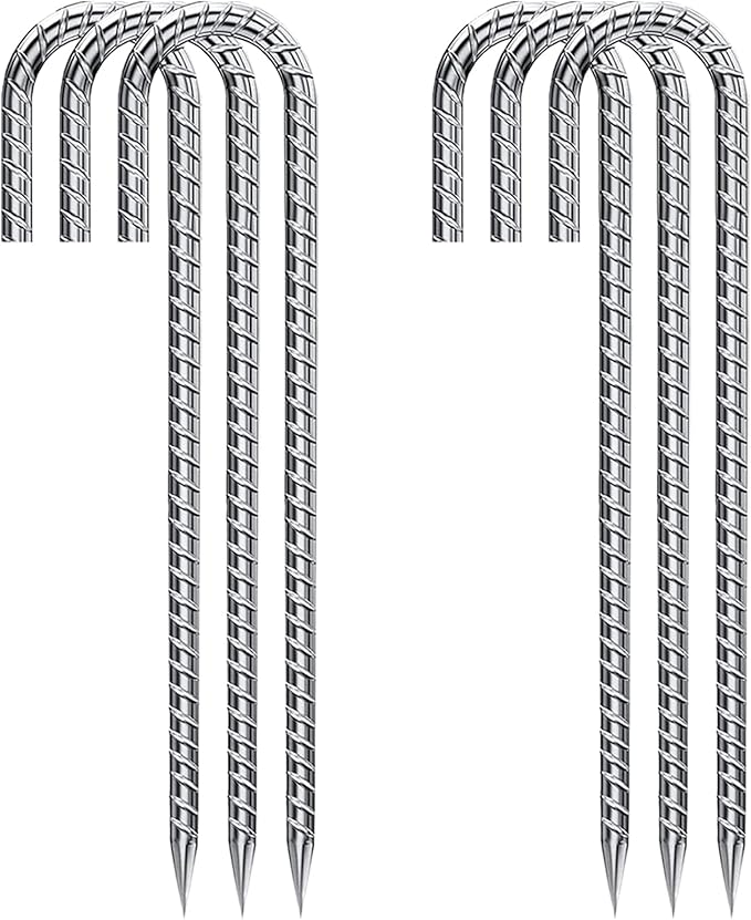Rebar Stakes 12 Inch Galvanized, J Hook Rebar Stakes 6 Pack Ground Anchors for Tent Heavy Duty for Plants Anti-Rust Landscape Fabric Artificial Turf