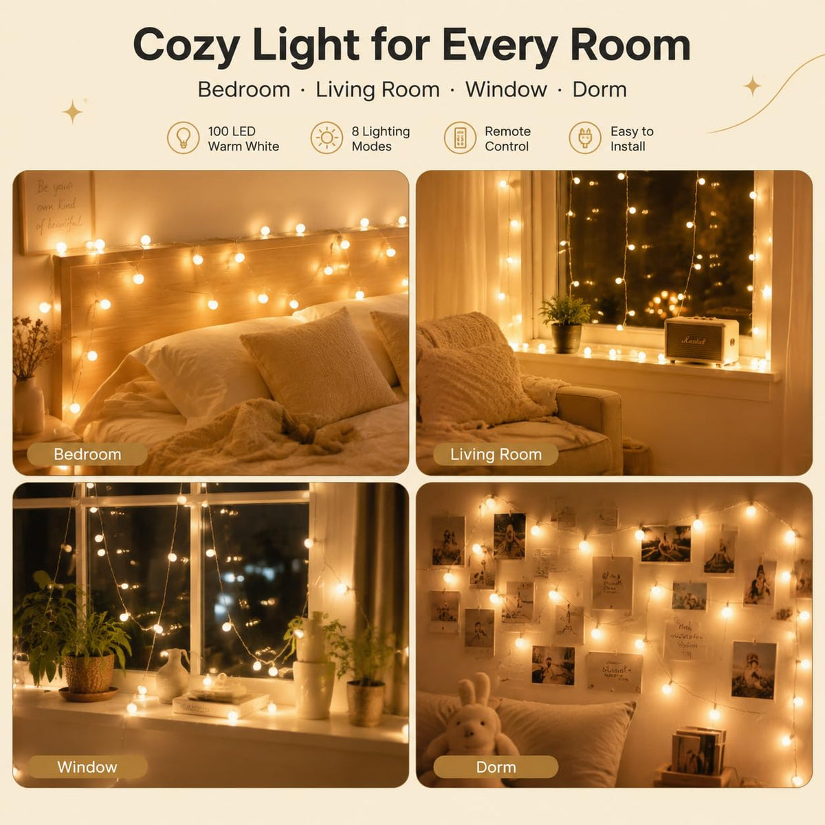 HelixBeam Warm Globe LED String Lights Indoor Bedroom 33FT 100LED Remote