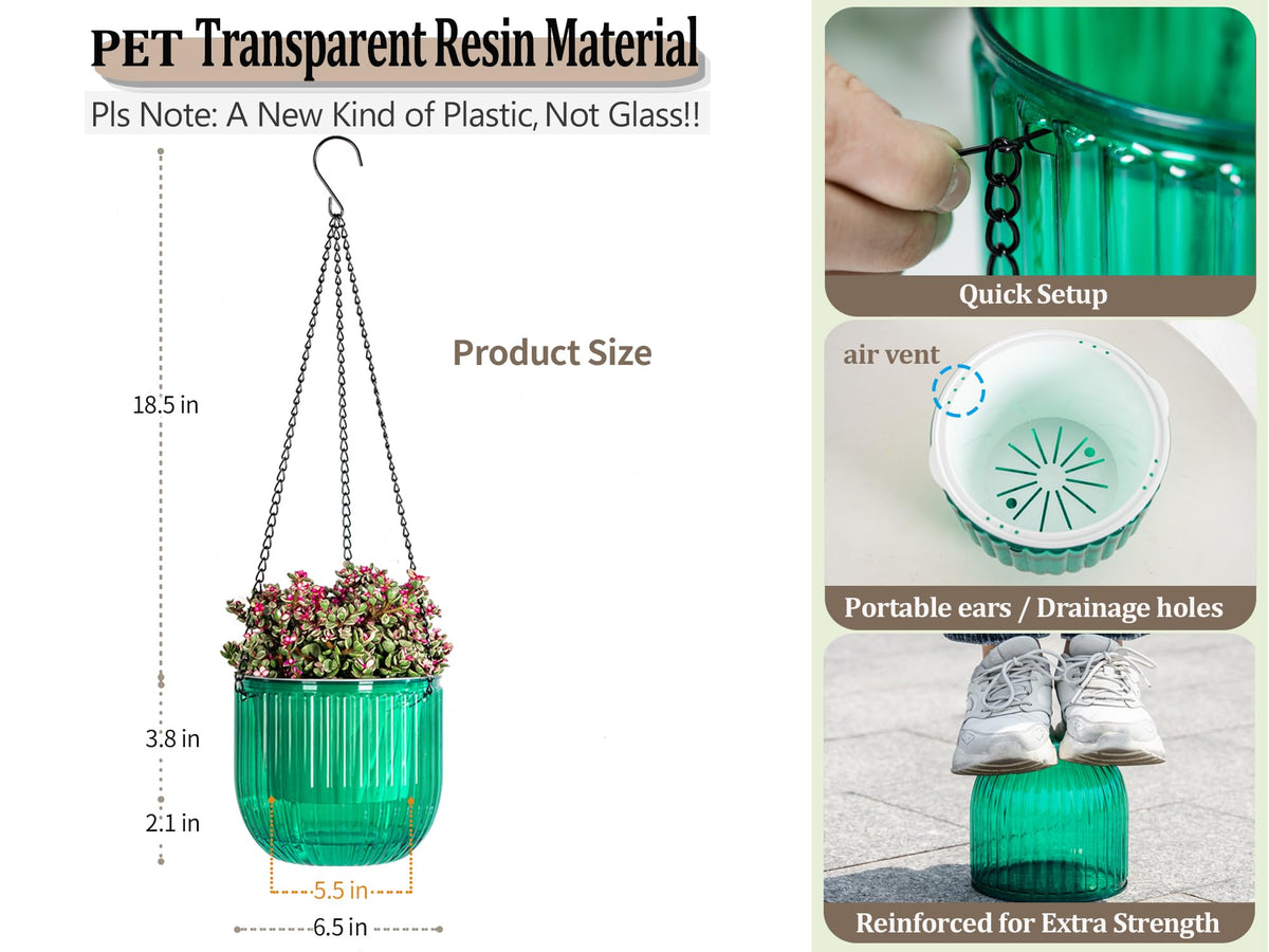 Melphoe 2 Pack Self Watering Hanging Planters Indoor Flower Pots, 6.5 Inch Outdoor Hanging Plant Pot Basket, Plant Hanger with 3Hooks Drainage Holes for Garden Home
