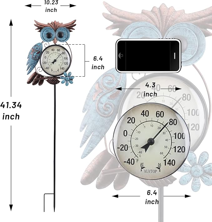 MUMTOP Outdoor Thermometer, 42 Inch Metal Owl Garden Stake Outside Wall Thermometer for Patio, Yard and Garden