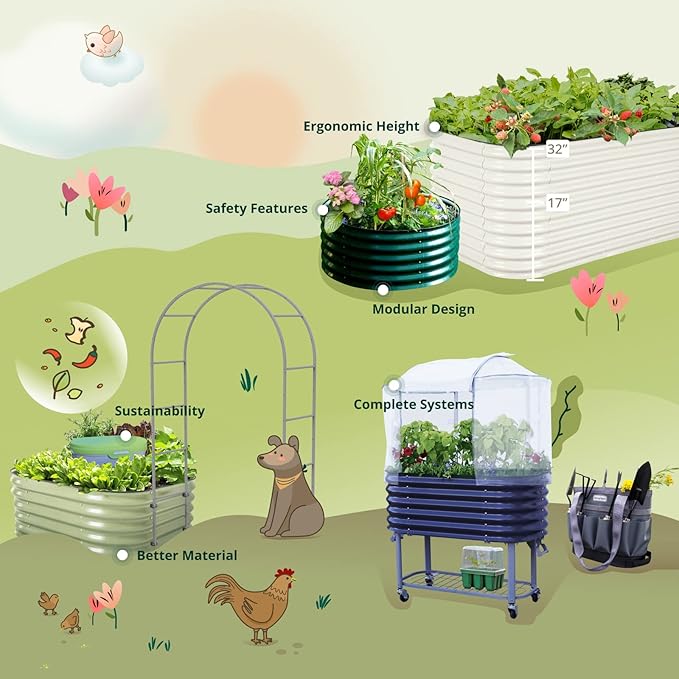 17" Tall Kids First Garden Bed 24" x 42" Raised Planter Box Outdoor Metal Galvanized Gardening Bed for Vegetables Herb & Flower, British Green