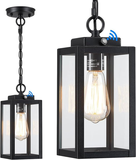 11'' Dusk to Dawn Outdoor Pendant Light, Modern Outside Chandelier Outdoor Hanging Lantern Light, Matte Black with Clear Glass, Exterior Pendant Lighting Fixture for Porch, Yard, Gazebo, 1Pack (Small)