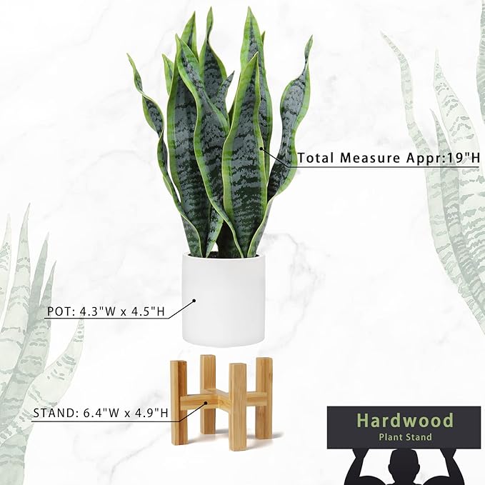 Hollyone Artificial Snake Plant Potted with Solid Wood Plant Stand, 19" Faux Sansevieria Tropical White Ceramic Pots Fake Plants for Home Office Indoor Decor Housewarming Gift