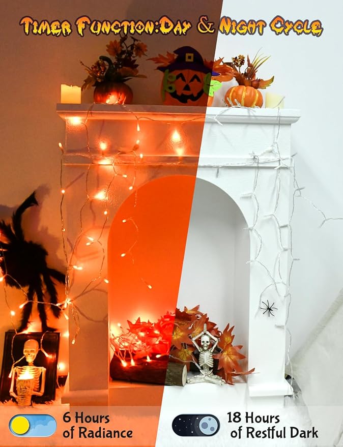 Halloween String Lights Battery Operated With Timer - 9.8ft 30LED Orange Waterproof Lights for Outside Decorations, Party, Yard, Pathway, Indoor and Outdoor