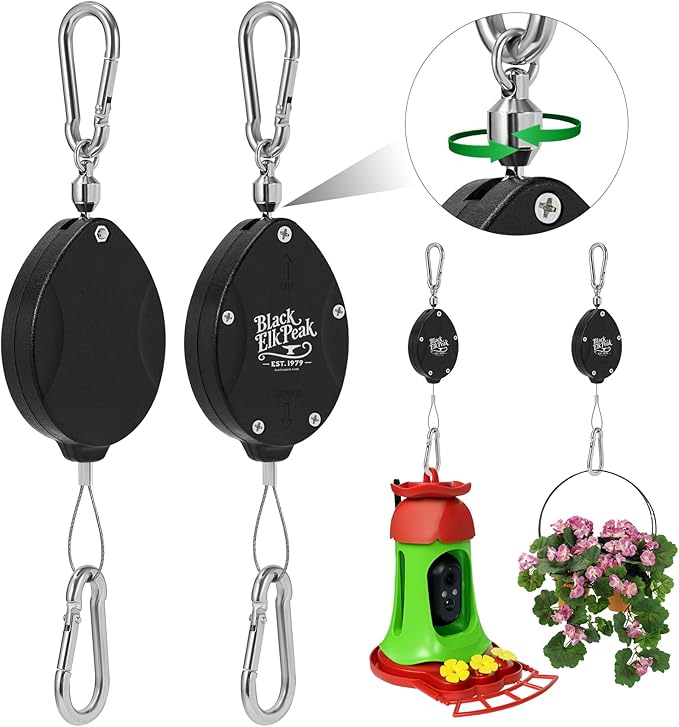 Plant Pulleys, Heavy Duty Retractable Hangers, 304 Stainless Steel Rope, Auto Plant Holder, Adjustable Climbing Hook for Garden Baskets, Watering, or Bird Feeders 2PC (Black)