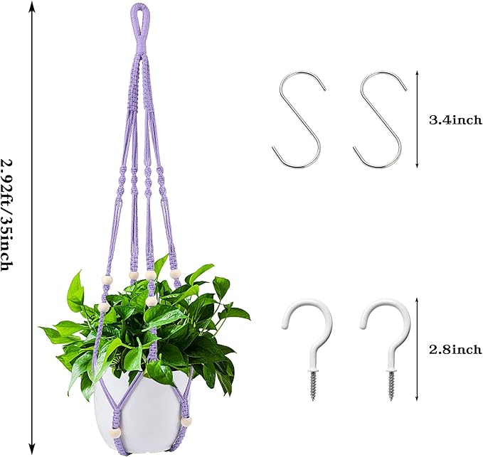 Augshy Macrame Hanging Planter, Hanging Planters for Indoor Outdoor Home Decor, Hanging Plant Holder No Tassels Set of 2 with 4 Hooks
