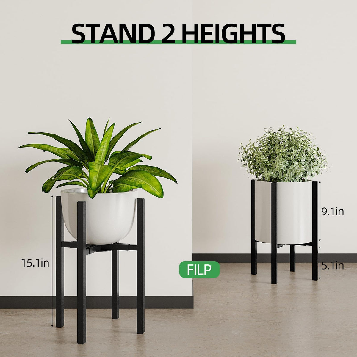 Rioneta Adjustable Metal Plant Stand Indoor, Fits 9-15 Inch Pots, Mid Century Modern Planter Holder,2 Heights, Heavy Duty 160 lb, Indoor Outdoor Corner Floor Pot Stand, Black with Round Plate 2 Pack (black-a 2 pack)