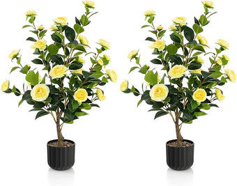 Goplus 38’’ Artificial Camellia Tree, 2 Pack Flower Plants Artificial Tree, Faux Floral Plant Blooming Tree in Cement Pot, Greenery Potted Plant for Indoor Outdoor Office Home Porch Decor