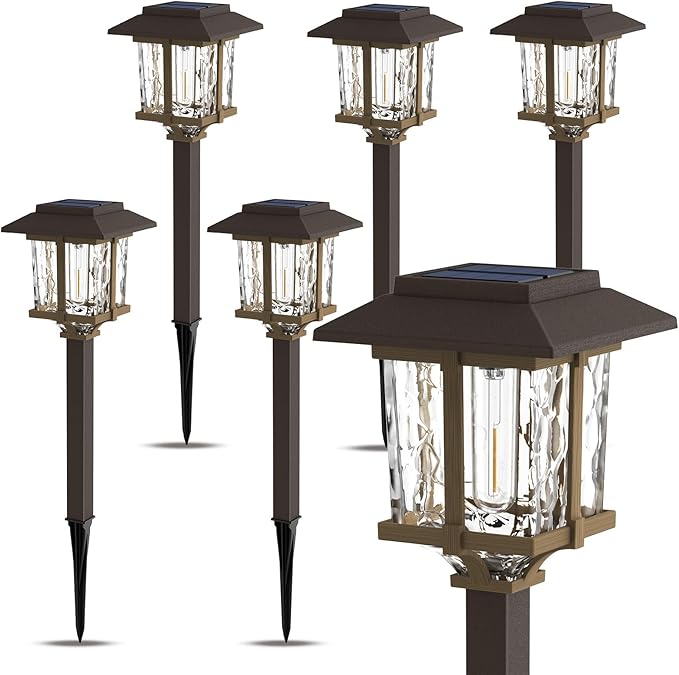 XMCOSY+ Solar Outdoor Lights Waterproof IP65, Solar-Powered Garden/Yard/Pathway Lights with Warm White 2-Tone Bronze-Wood Stainless Steel Design for Landscape Driveway Walkway Decorative
