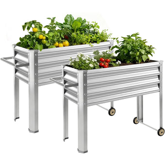 Land Guard 2 Pack Galvanized Raised Garden Bed with Legs & Wheels, 36×12×32in Metal Elevated Raised Planter Box for Backyard, Patio, Balcony, 300lb Capacity, Silver