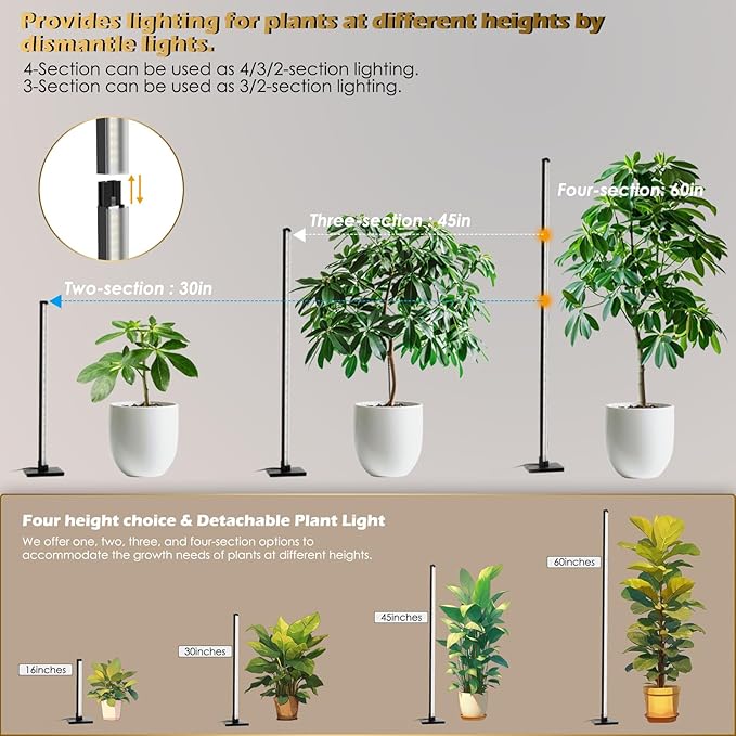 Grow Light with Auto-Timer, Hanging and Standing Grow Lights for Indoor Plants,3 Light Modes, Detachable Full Spectrum Plant Lights for Wide Area Coverage in Indoor Plants (60 in)