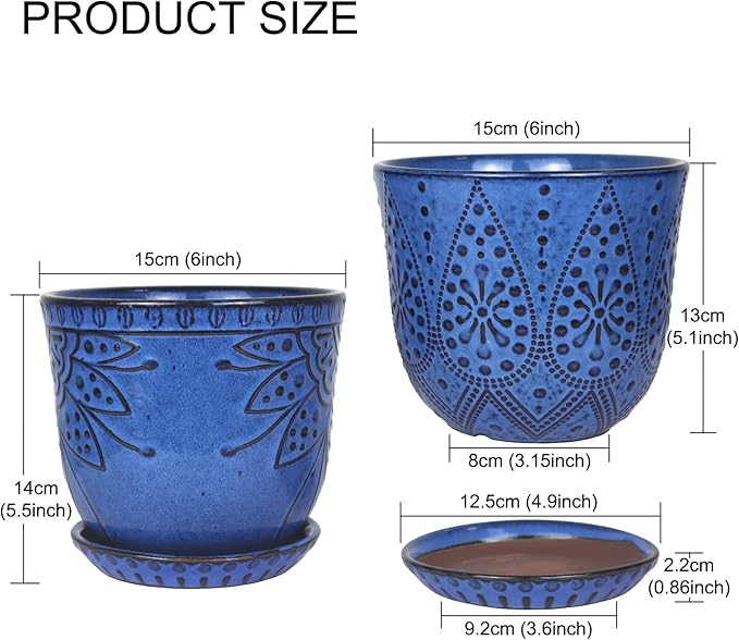 Gepege 6 Inch Beaded Ceramic Planter Set of 2 with Drainage Hole and Saucer for Plants, Indoor-Outdoor Large Round Succulent Orchid Flower Pot (Blue, for Inner-pots not Larger Than 5 Inch)